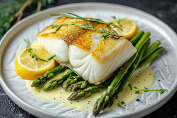 Wall Mural - Fine Dining Fish: Atlantic Cod Fillet with Asparagus and Lemon Sauce, Exquisitely Plated on a White Dish, Illuminating a Dark Table in a Gastronomic Overture of Mediterranean Cuisine.

