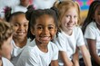 © kimly - classroom scene with smiling children in white t-shirts, happy, diverse