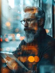 Poster - The bearded merchant in the double exposure photo is wearing a black shirt and glasses, The banker holds the hand of a contemporary notebook and works in online banking. Generative AI.
