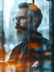 Canvas Print - The bearded merchant in the double exposure photo is wearing a black shirt and glasses, The banker holds the hand of a contemporary notebook and works in online banking. Generative AI.