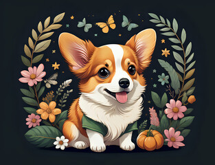 Corgi Welpen umgeben von Blumen