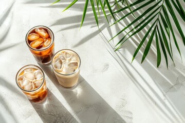 Sticker - Various iced coffees on white concrete with palm shadows Minimal composition showcasing summer drinks espresso tonic ice moccachino and latte Coffee menu for s