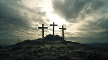 Hill Of Calvary Golgotha Hill With Dark Cloudy Sky Stone Hill Christianity Faith Catholic Chatolic Three Wooden Cross