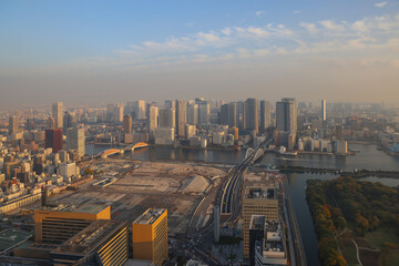 Nov 27 2023 Cityscape with Skyscrapers, Rail Tracks, and Urban Transportation