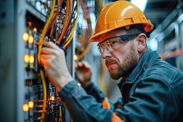 Wall Mural - Electrician working with a switchboard. Generative AI.