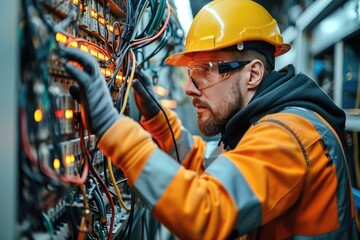 Wall Mural - Electrician working with a switchboard. Generative AI.