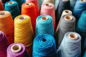 Poster - Threads of various materials used in textiles and crafts empty area for text yarn spools for manufacturing and handmade items