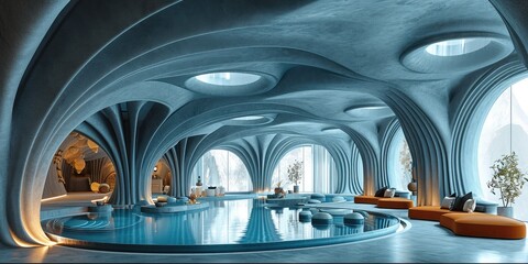 Poster - Carved blue concrete hotel interior. Generative AI.