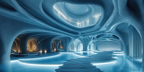 Poster - Carved blue concrete hotel interior. Generative AI.