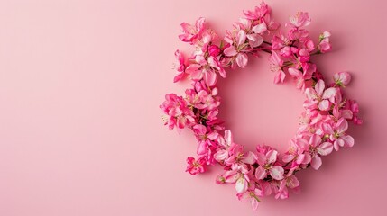 Poster - Flowers composition. Wreath made of pink flowers on pink background. Flat lay, top view, copy space