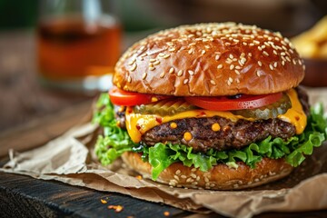 Sticker - Yummy cheeseburger with lettuce cheese tomato and pickles Sesame seed bun Rustic ambiance Tasty fast food