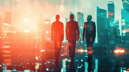 Canvas Print - Silhouettes of three confident managers standing together in blurry abstract city with double exposure of cityscape and their team. Concept of leadership and international business. Toned image