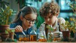 Two children botanist studying plant and doing botany science research - scientific glassware for chemical dreaming of becoming professional scientist in the future. Early development and educational