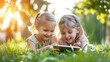 © buraratn - Two little sisters lying on grass outdoors and playing on digital tablet