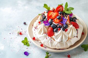 Wall Mural - White ceramic plate with Pavlova dessert Close up of creamy bakery meringue cake Pastry with whipped cream blueberry and strawberry Gourmet appetizer adorned w