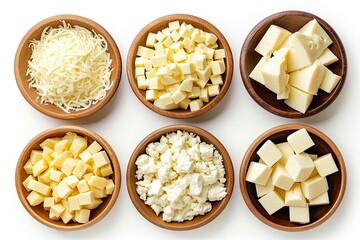 Cheese selection in bowl top view isolated on white background