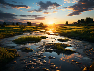 A River in Green Meadow with a Beautiful Sunset View