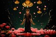 Goddess laxmi standing on lotus flowers for indian festivals dhanteras, diwali background