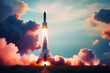 © Sergei - A space rocket launches upwards in clouds of smoke against a background of clouds.
