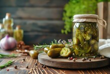 Selective Focus On Rustic Wooden Table Showing Bowl And Glass Jar Of Pickled Gherkins With Spices