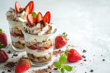 Close up of Italian tiramisu in glass jars layered with cookies mascarpone whipped cream and strawberries for a summery feel