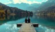 © olegganko - two people sitting on a dock looking out over lake