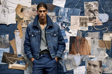 Generative AI Image Of A Man Dressed In A Rugged Denim Outfit, With An Artistic Background Featuring Vintage Photographs And Textures