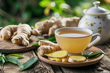 Sticker - Front view of ginger drink with teapot ginger root and leaves on wooden table in kitchen