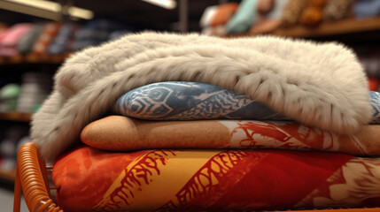 Poster - High-quality fabrics and faux furs stacked on a shelf in a clothing store, displaying texture and luxury.