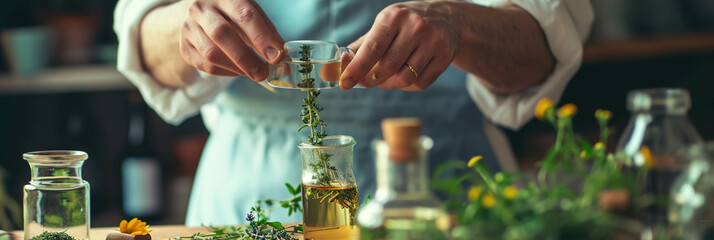 Close-ups of hands preparing and using herbal tinctures.