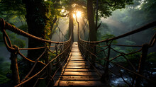 Suspension Bridge In A Dense Green Forest With Pine Trees,A Serene Wooden Rope Bridge Suspended Over A Rushing River,stairway To Heaven