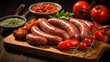 A selection of fresh sausages accompanied by herbs and cherry tomatoes, artfully presented on a rustic wooden cutting board.