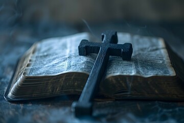 Poster - A wooden cross resting upon an open Bible capturing the essence of Christian fait