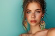 Stylish woman with trendy jewelry big earrings natural makeup and easy styling projects a fashionable and beautiful look
