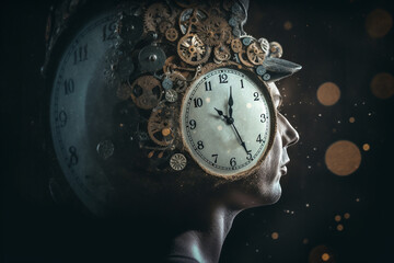 Wall Mural - Abstract concept of time passing by. Human silhouette and old clock representing past time. Turn back time concept. Melancholic mood