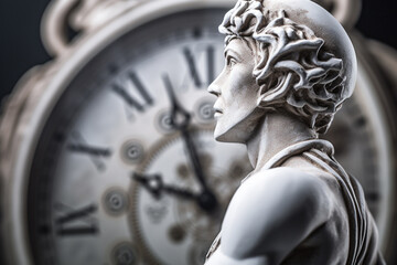 Wall Mural - Abstract concept of time passing by. Human silhouette and old clock representing past time. Turn back time concept. Melancholic mood