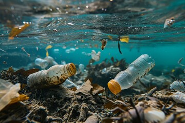 Wall Mural - Plastic waste and bottles garbage undersea or in the ocean