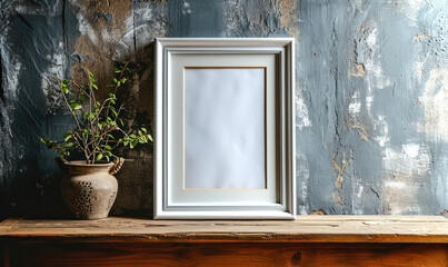 Minimalistic white picture frame with blank space for artwork or photograph, standing on a wooden surface against a textured grey wall background