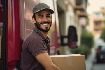 Delivery courier service. Delivery man in cap and uniform holding a cardboard box near a van truck delivering to customer home. Smiling man postal delivery man delivering a package Ai generated