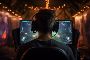 Poster - generative ai back view photo image of guy sitting at home playing online game