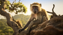 Baboon Sitting On A Tree