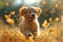 Playful Puppy Chasing Butterflies In A Meadow