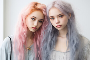 Wall Mural - Portrait of two beautiful alternative girls with colored dyed hair