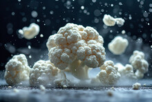 Cauliflower Flying Around On Black Background With Water Drops