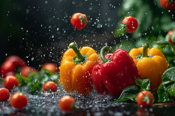 Sweet paprika flying around on black background with water drops