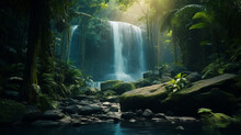 A Waterfall In The Middle Of A Tropical Forest