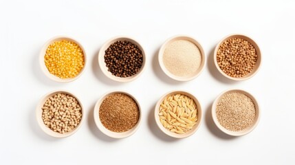 Wall Mural - Top view of a variety of cereals in bowls on a white isolated background. Cereals, Food, Agricultural Products concepts.