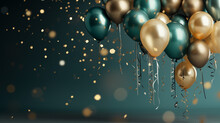 Green-gold Metallic Balloons With Ribbons And Sequins On A Green Background