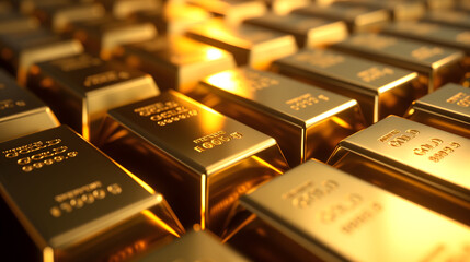 neatly arranged gold bars with a reflective surface, illuminated by soft lighting.