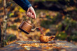 Man brews delicious coffee in the autumn forest.